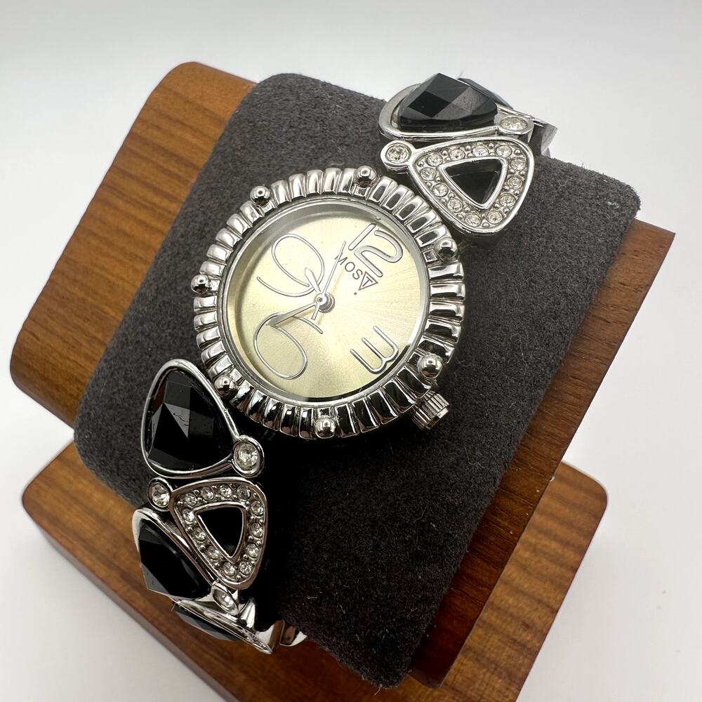 Most Bracelet Watch Champagne Tone Dial Black Triangle Stones w Crystals